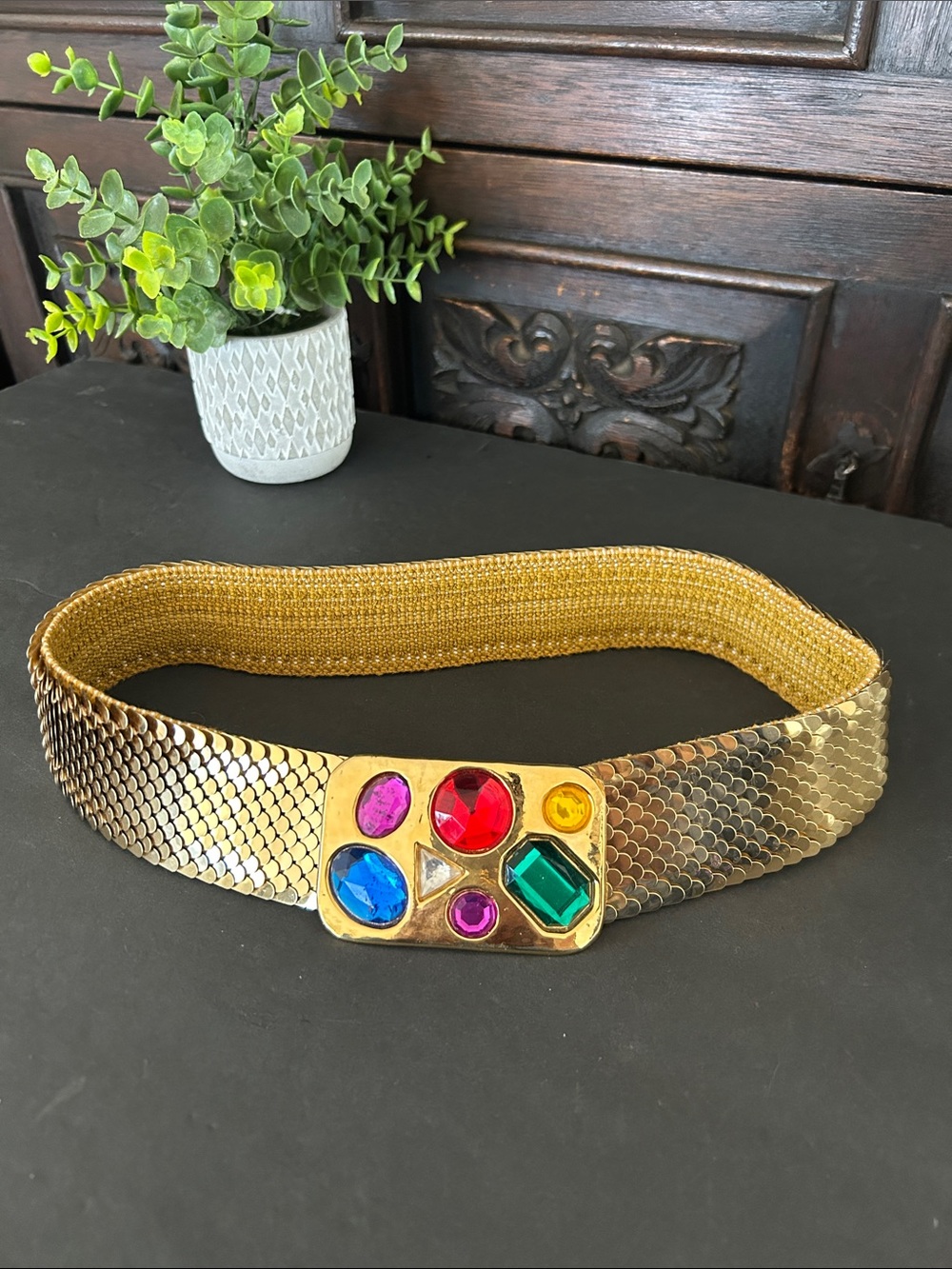 Vintage Day Lor wide gold tone snake scale stretch belt with colored stones